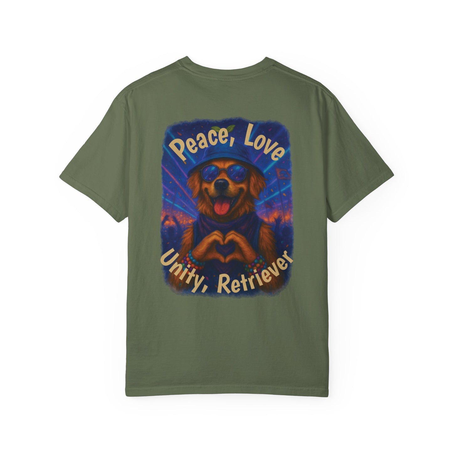 Ravers: Peace, Love, Unity & Retrievers Tee – Comfort Colors® Garment Dyed Shirt