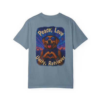 Ravers: Peace, Love, Unity & Retrievers Tee – Comfort Colors® Garment Dyed Shirt