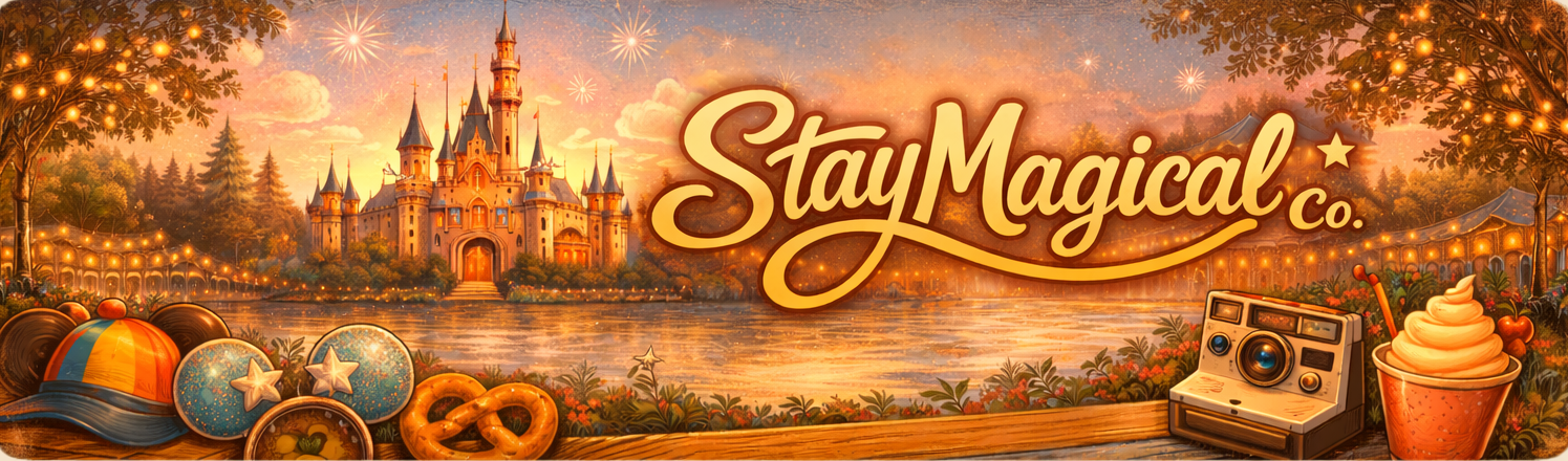Decorative banner with 'Stay Magical' text, castle, and magical elements on a beige background