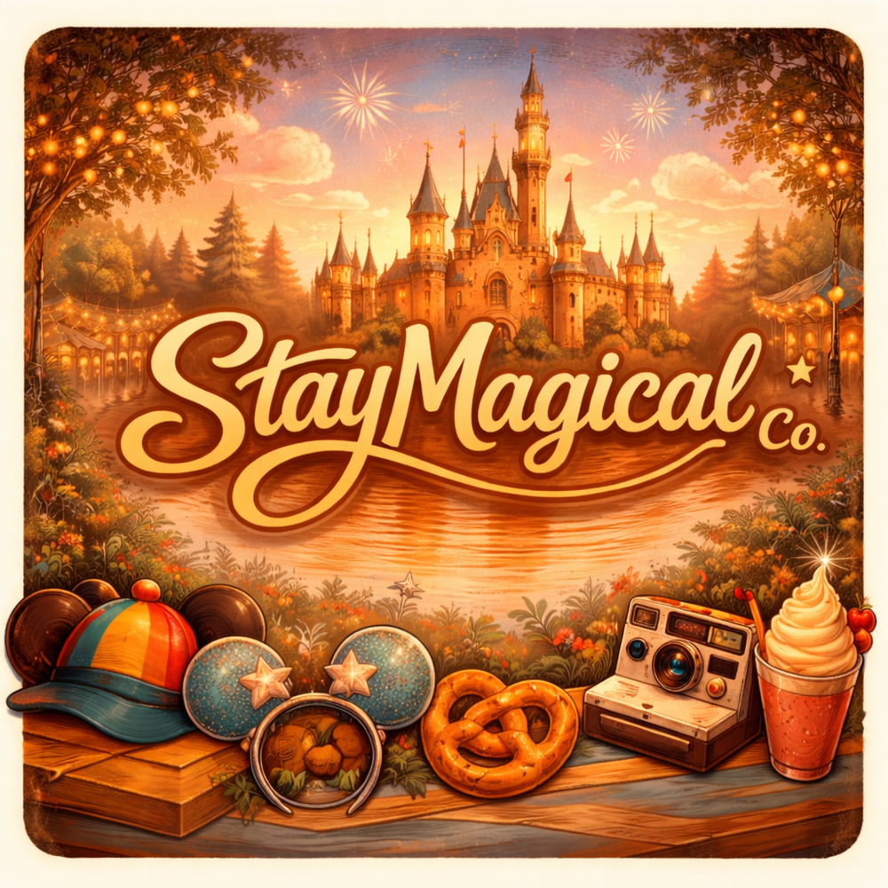 Fantasy scene with castle, 'Stay Magical' logo, and various themed items on a wooden surface.